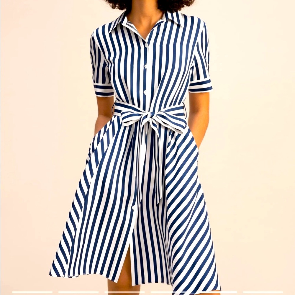 LilySilk Stripe 100% Silk Twill Shirtdress with Belt